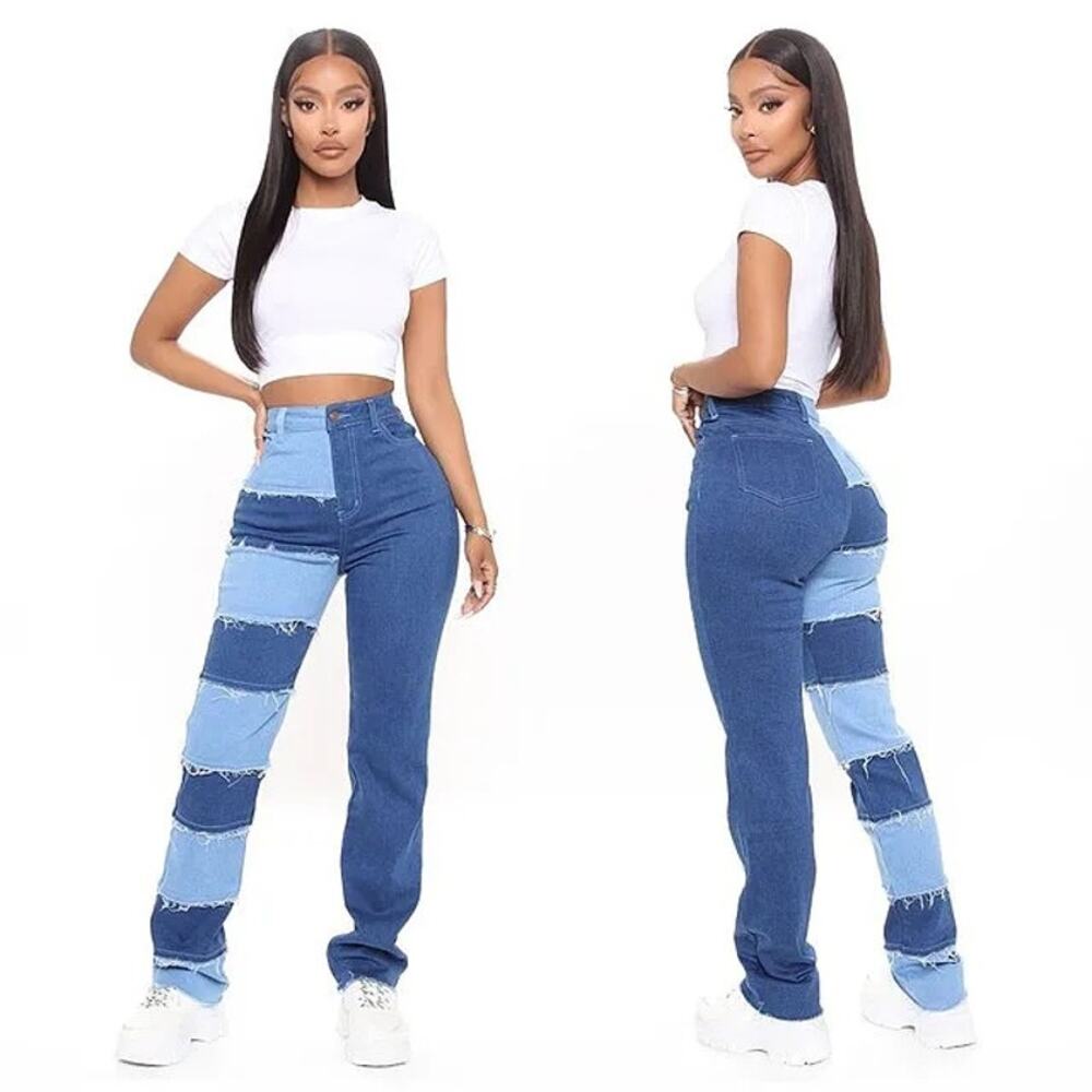 Fashion Nova Breaking Barriers Patchwork Straight Leg Dark Wash Jeans